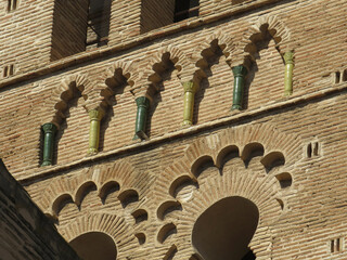 Church of Santo Tom&eacute;. Historic city of Toledo. Spain.
Detail of decoration with foiled arches and enamelled columns in the bell tower. Islamic Mudejar art of the 13 century.
UNESCO World Heritage. 