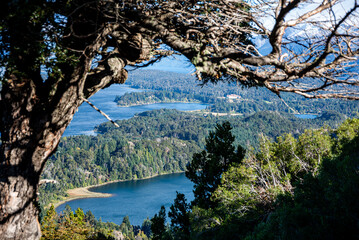 View of the Nahuel Huapi and Moreno lakes from the height of the Campanario hill, Bariloche, Rio Negro, Argentina