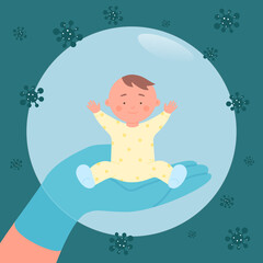 Human hand in medical glove holding bubble with baby boy to protect against omicron and coronavirus disease. Safety and protection of newborns flat vector illustration. Healthcare, medicine concept