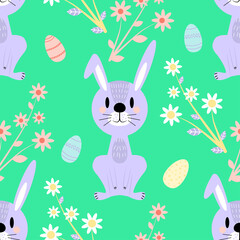 Easter vector seamless pattern in flat style. Textures with cartoon bunny, eggs, daisies. Easter elements on a green background. Illustration for napkins, towels, tablecloths