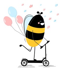 Obraz premium Funny bee rides a scooter. The concept of recreation, sports, healthy lifestyle.