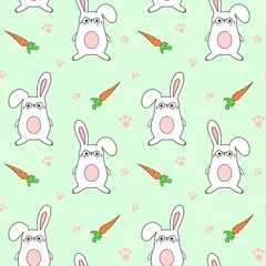Seamless pattern with funny bunnies and carrots. Design for clothing fabric and other items.