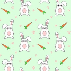 Seamless pattern with funny bunnies and carrots. Design for clothing fabric and other items.