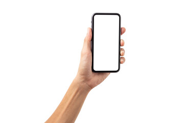 Hand business man holding mobile smartphone with blank screen with space for inserting advertising text. isolated on white background with clipping path