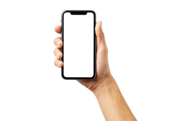 Hand business man holding mobile smartphone with blank screen with space for inserting advertising text. isolated on white background with clipping path