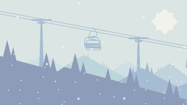 Moving ski lift holiday animation in flat design. Mountain resort, pine trees with mountains, slopes and snow, 4k video.