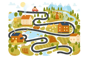  Kids map of cute village for travel adventure vector illustration. Cartoon childish game world with car on countryside road, farm houses, mills and gardens, trees background. Picnic plan concept © Flash concept