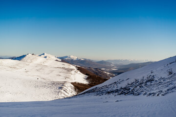 Winter mountain view landscape, Polonina Wetlińska, Smerek, Bieszczady National Park, Poland.