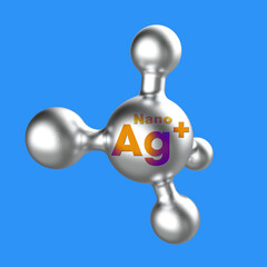 Silver ions, Ag-plus action 3D emblem in blue and silver colors - antibacterial effect of ion solution - science, chemistry and technology marking. 3d illustration of nano Ag plus icon
