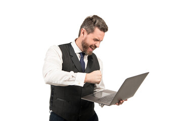 professional network administrator hold computer. boss with modern wireless laptop.