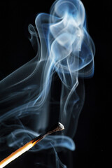 Wooden match, lights up, burns and goes out, on a black background