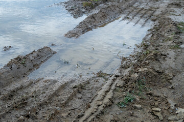 Big car wheel trace on road, puddle and mud
