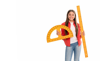 cheerful teen girl hold protractor ruler. back to school. algebra and geometry