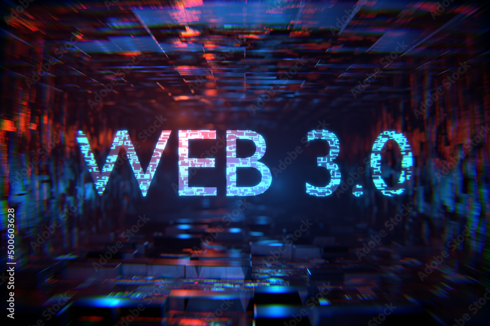 Poster concept of decentralized internet. 3d render. the inscription web 3.0 in the technology tunnel.