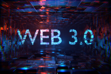 Concept of decentralized internet. 3d render. The inscription web 3.0 in the technology tunnel.