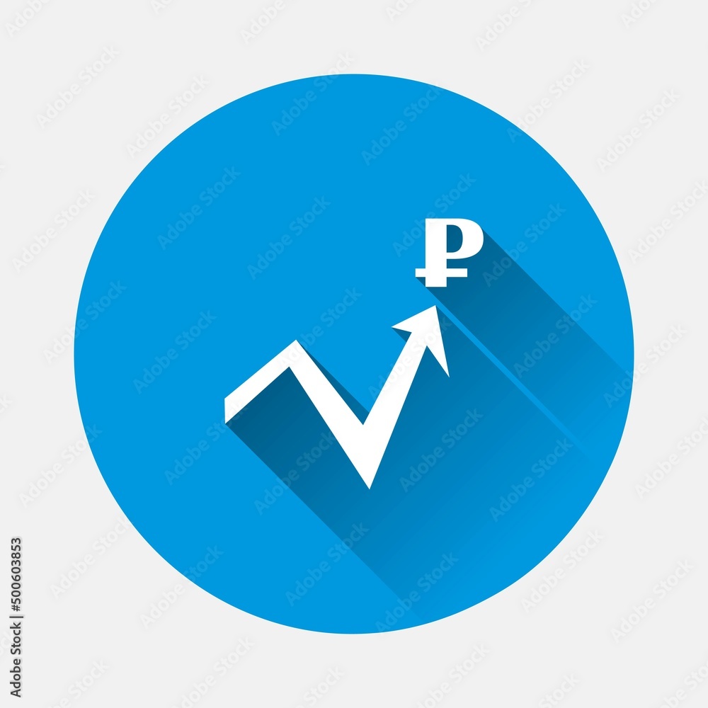 Poster vector arrow icon and ruble symbol icon on blue background. flat image with long shadow.