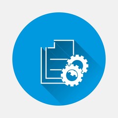 Setting document  icon. Cog, gear and sheet icon on blue background. Flat image with long shadow.