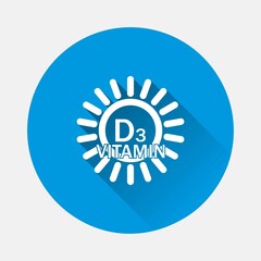 Vitamin d vector icon, sun vitamin icon on blue background. Flat image with long shadow.