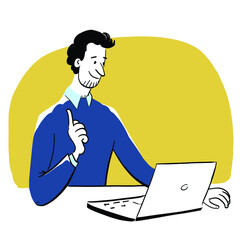 Young man with laptop having conference call. Vector illustration eps 10 on white background