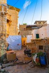 Jaisalmer, Rajasthan, India - October 13, 2019 : Inside view of Jaisalmer Fort or Sonar Quila or Golden Fort, made of yellow sandstone, in the morning light. UNESCO world heritage site at Thar desert.