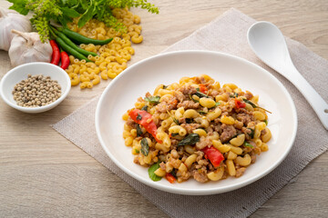 Stir-Fried Minced pork and Basil with elbow macaroni,Pad Kra Pao,Thai fusion food