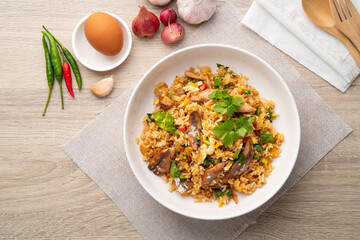 Fried Rice with Canned Mackerel Fish.Thai style easy cooking food.Top view
