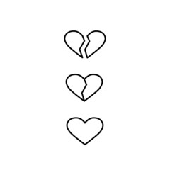 Broken heart outline icons set, isolated on white background. Illustratoin.