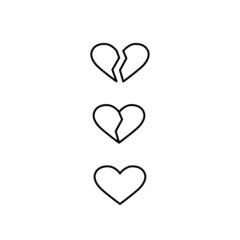 Broken heart outline icons set, isolated on white background. Illustratoin.