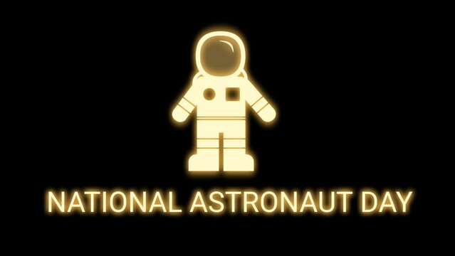 Astronaut day hendwriting animation isolated on black background with golden glowing light. Astronaut icon animation.