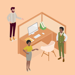 Isometric office with working people. Vector illustration flat design isolated. Male and female characters. Office and casual clothes. Desk, chair, computer, office space, meeting