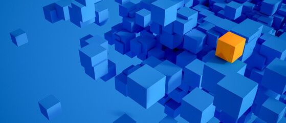 Abstract background with blue cubes and a yellow one - obrazy, fototapety, plakaty