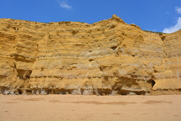 Fototapeta na wymiar Cliff face showing rock strata and erosion on the world heritage Jurassic Coast, at Hive Beach, Burton Bradstock, Dorset, England