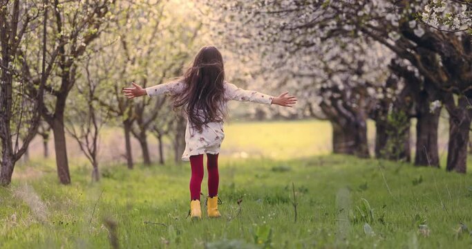 Carefree and happy girl run and enjoy blooming spring trees in apple orchard. Slow motion 4K video footage