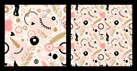 Modern youth seamless pattern for girls. Abstract pink, black shapes, spots, dots, circles, eyelashes and leaves. Grunge elements. Textile, clothing, print, cover. - 500608252