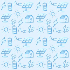 Fototapeta na wymiar Green energy seamless pattern, solar panel linear background template, sustainable electricity icons repetitive vector illustration design, repeat doodle style wallpaper