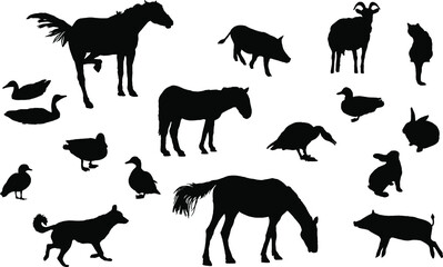 Silhouettes of livestock, domestic animals and birds. Horses, pigs, rabbits, ducks, and other animals isolated on background. Vector illustration.