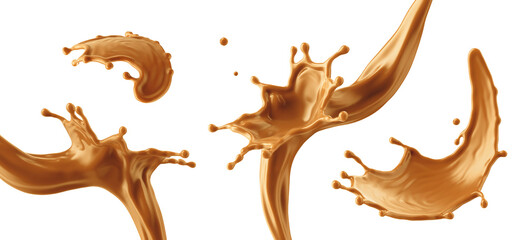 3d render, assorted shapes of liquid caramel splash, toffee or nougat cooking ingredient, splashing maple syrup. Clip art set isolated on white background. - obrazy, fototapety, plakaty