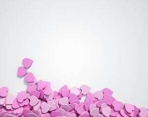 3D rendering of scatterd pink hearts on a white surface with lots of copy space