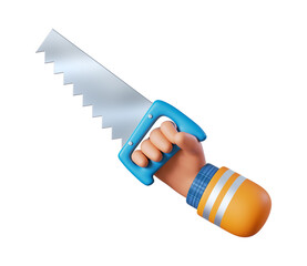 3d render, cartoon human hand holds jigsaw. Professional carpenter or woodworker with building tool. Construction icon. Renovation service clip art isolated on white background