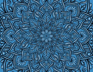 Mehndi style mandala black outline on blue background