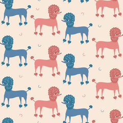 Adorable colorful poodle dogs hand drawn vector illustration. Animal seamless pattern for children.