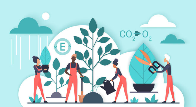 Farming, forestation, friendly eco gardening. Tiny people people grow forest or garden with plant, reduce greenhouse effect, save biodiversity flat vector illustration. Ecology, responsibility concept