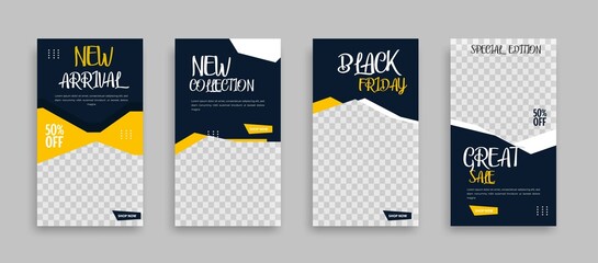 Set of Editable minimal square banner template. Blue yellow white background color with geometric shapes for social media post, story and web internet ads. Vector illustration