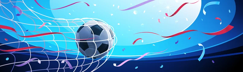 Fotobehang Hitting a soccer ball in a net on a blue background with bright highlights and falling confetti. Football championship in the arena. Vector illustration © Pasko Maksim 