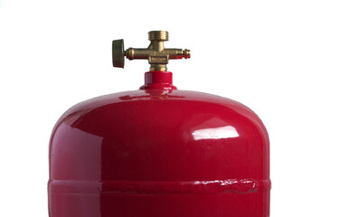 Red metal gas cylinder for LPG with a valve isolated on white background. Selective focus.