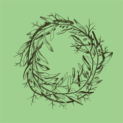 round decorative wreath made of twigs and twigs. Laurel wreath. vector illustration. manual graphics.