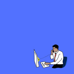  a man works at a computer and talks on the phone,  business, office.