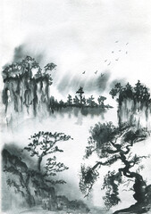 Watercolor illustration of Asian birds.Chinese traditional landscape painting of mountains. painting with misty forest trees on white background.