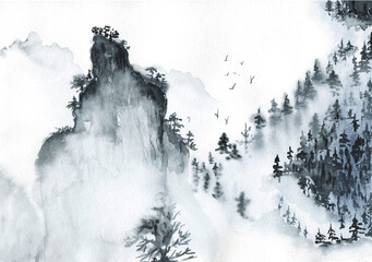 Watercolor illustration of Asian birds.Chinese traditional landscape painting of mountains. painting with misty forest trees on white background.