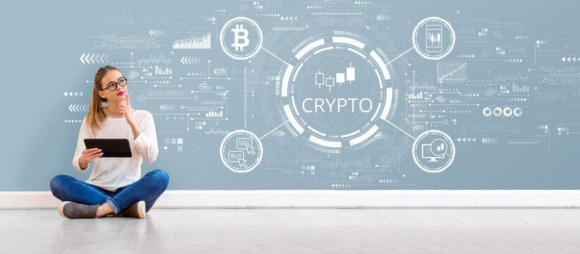 Crypto Trading theme with young woman holding a tablet computer